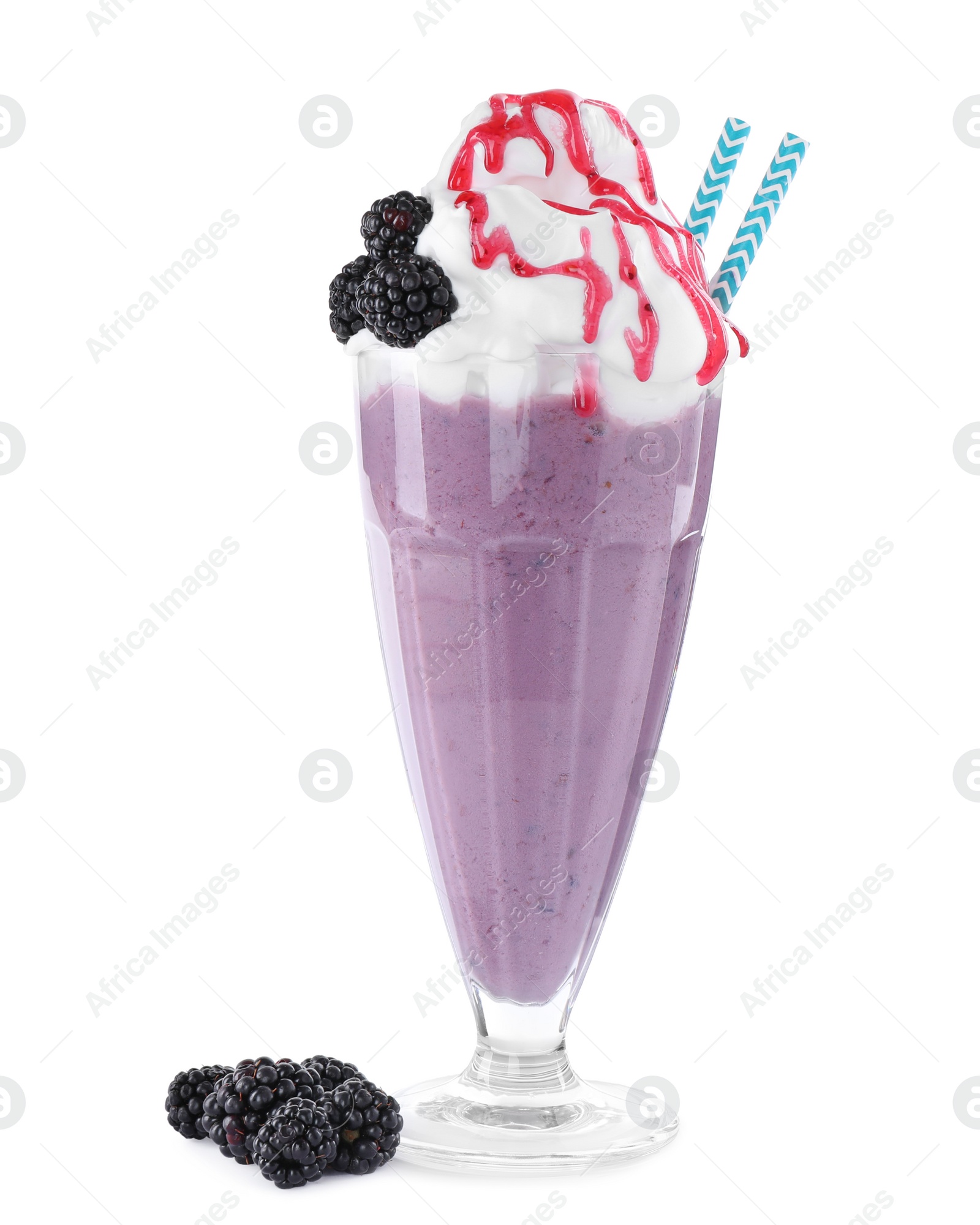 Photo of Tasty blackberry milk shake in glass on white background