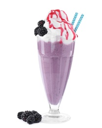 Photo of Tasty blackberry milk shake in glass on white background