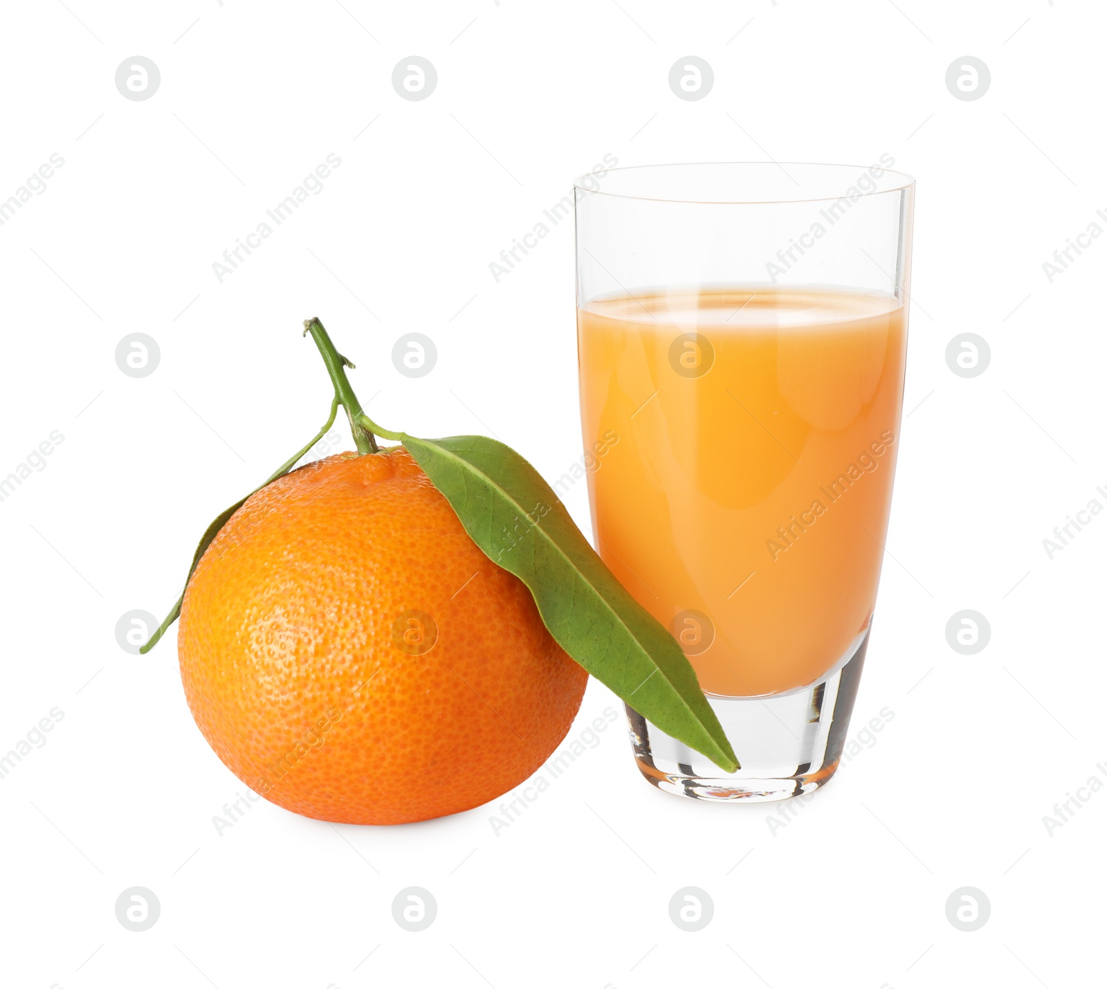 Photo of Tasty tangerine liqueur in shot glass and fresh fruit isolated on white