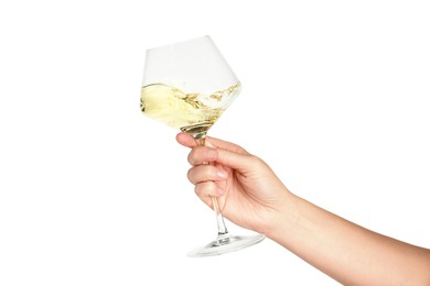 Woman with glass of wine isolated on white, closeup