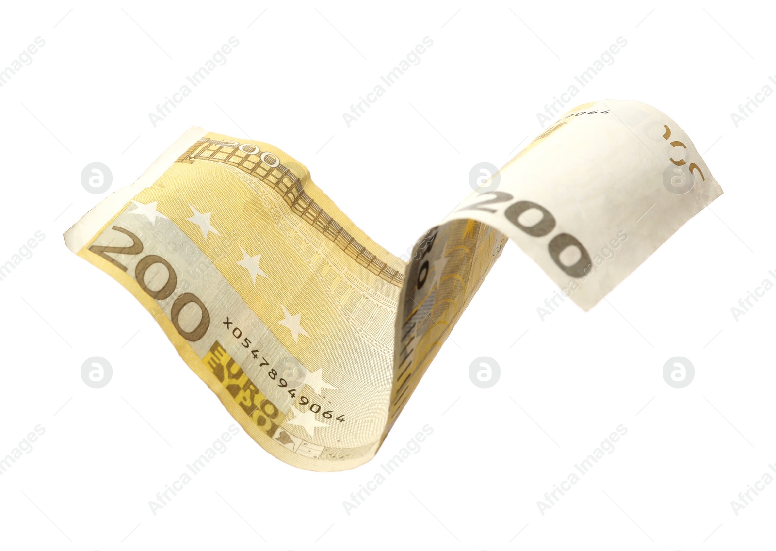 Photo of Flying two hundred Euro banknote isolated on white