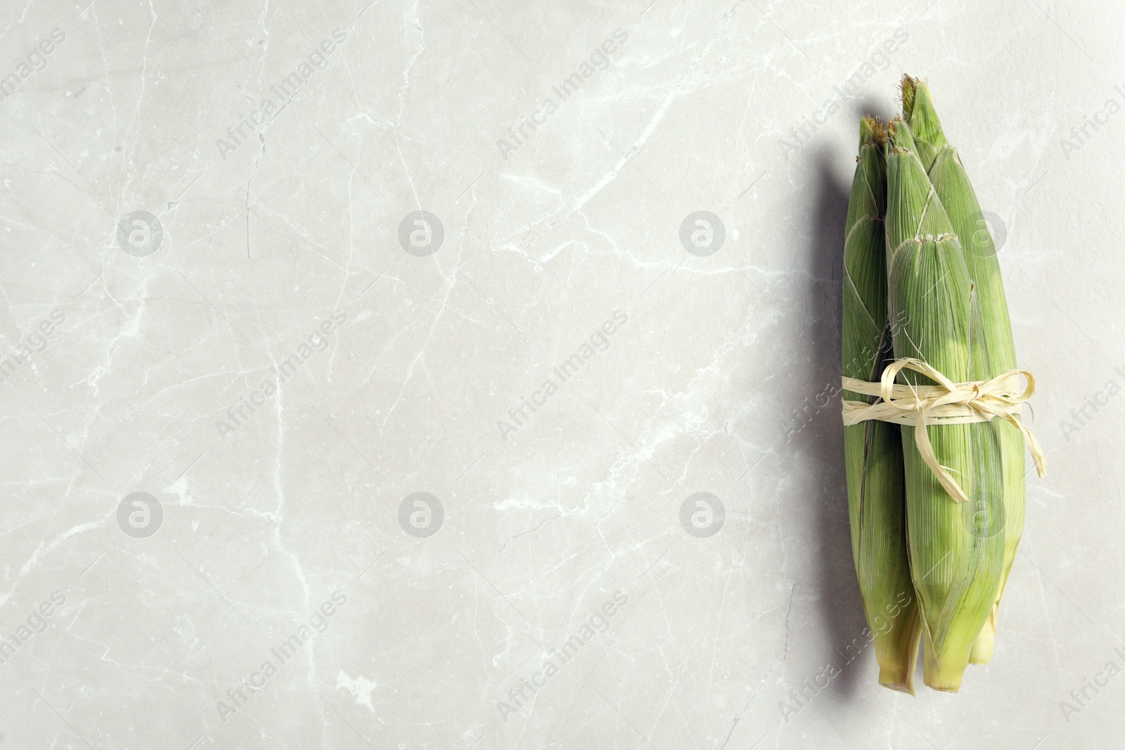 Photo of Bunch of corn cobs tied on light marble table, top view. Space for text