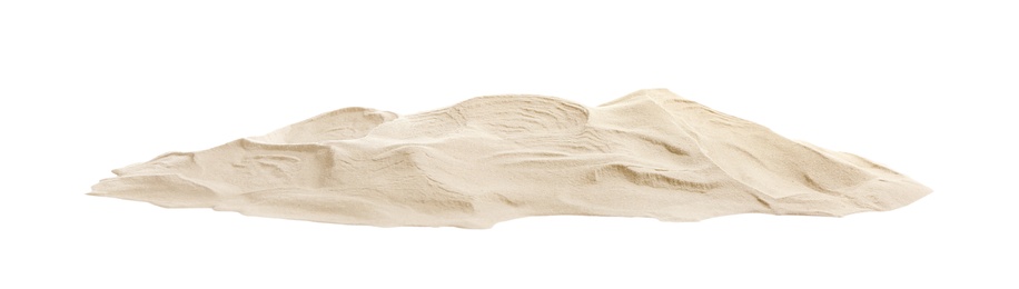 Photo of Pile of dry beach sand on white background