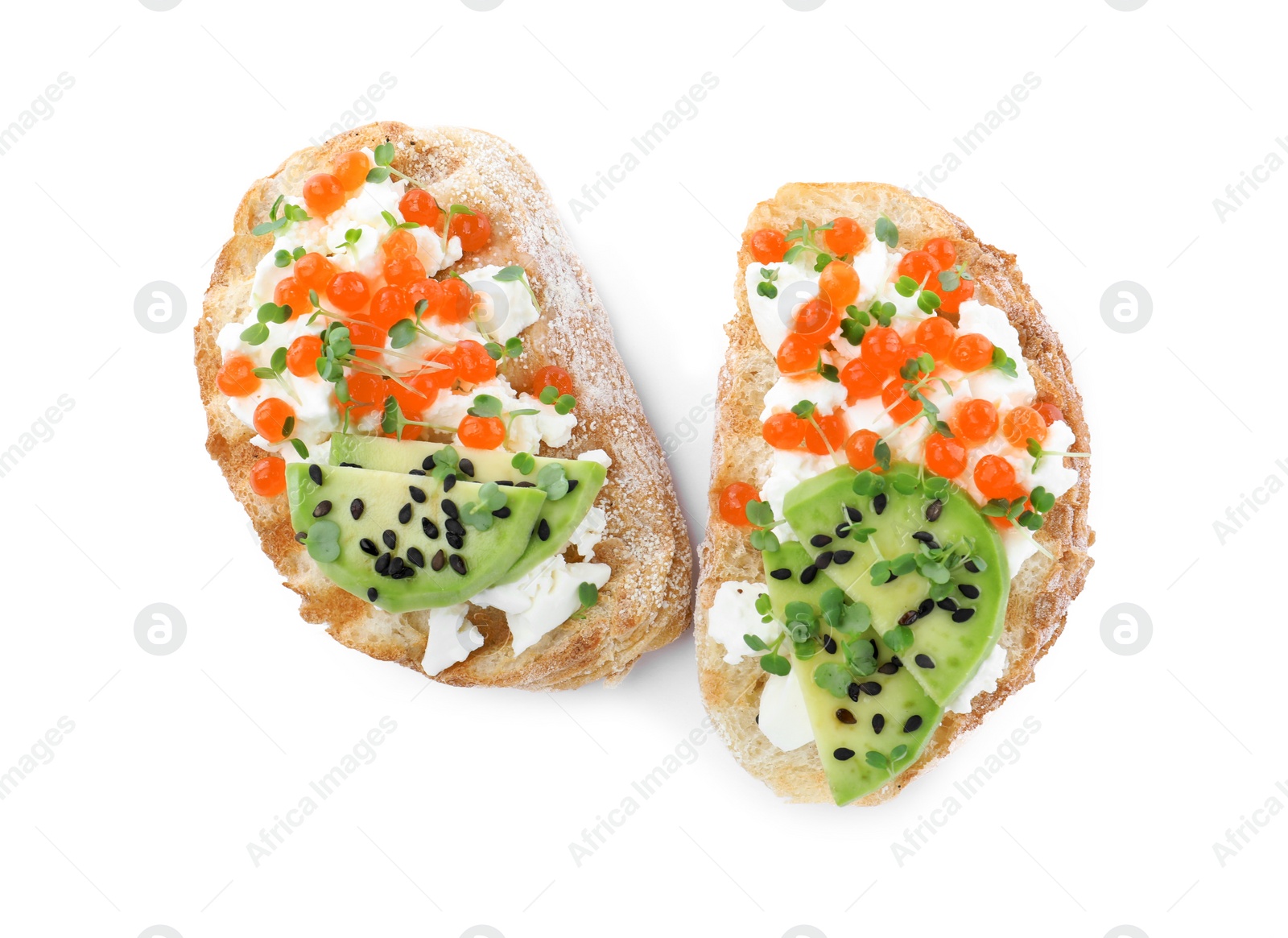 Photo of Delicious sandwiches with caviar, cheese, avocado and microgreens on white background, top view