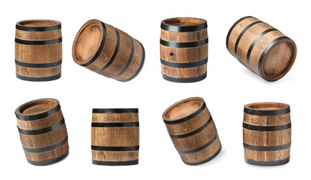 Image of Collage of wooden barrel on white background, different sides