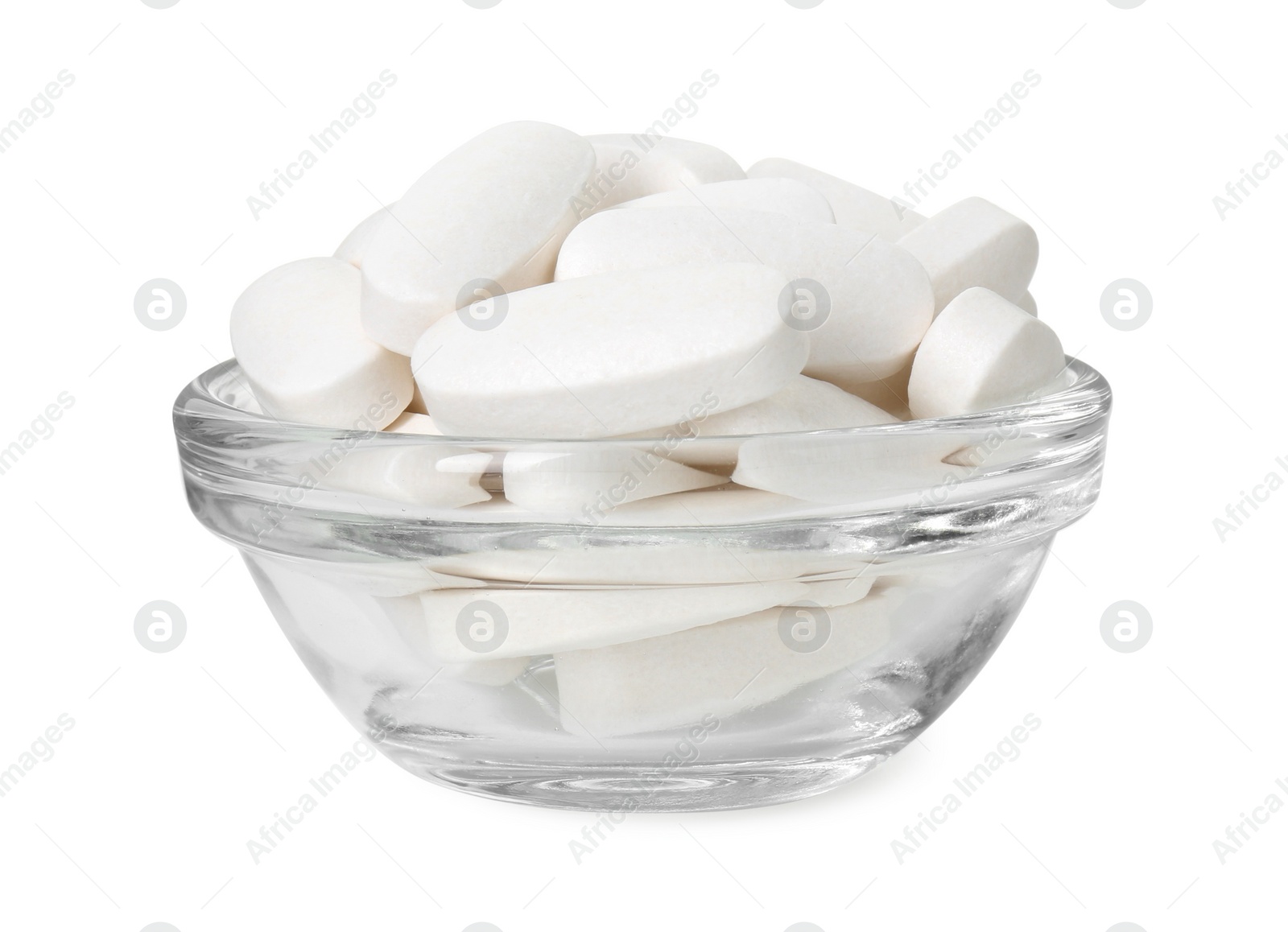 Photo of Vitamin pills in bowl isolated on white. Health supplement