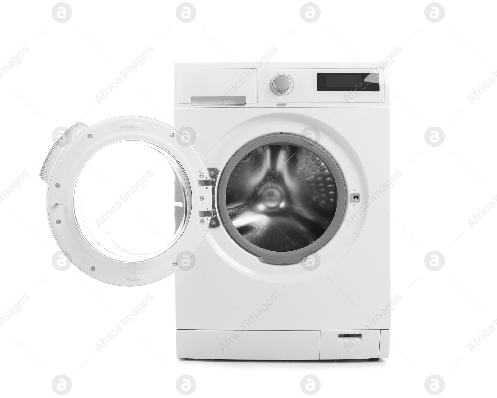 Photo of Modern washing machine on white background. Laundry day