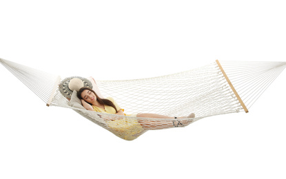 Photo of Woman sleeping in hammock on white background