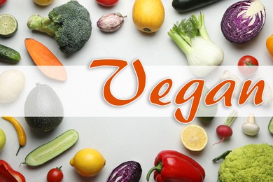 Image of Word Vegan and fresh vegetables on white background, flat lay