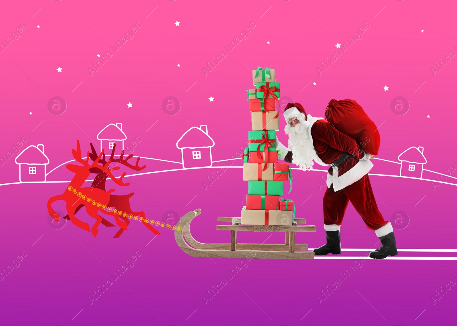 Image of Winter holidays bright artwork. Santa Claus with reindeers delivering gifts on color background, creative collage
