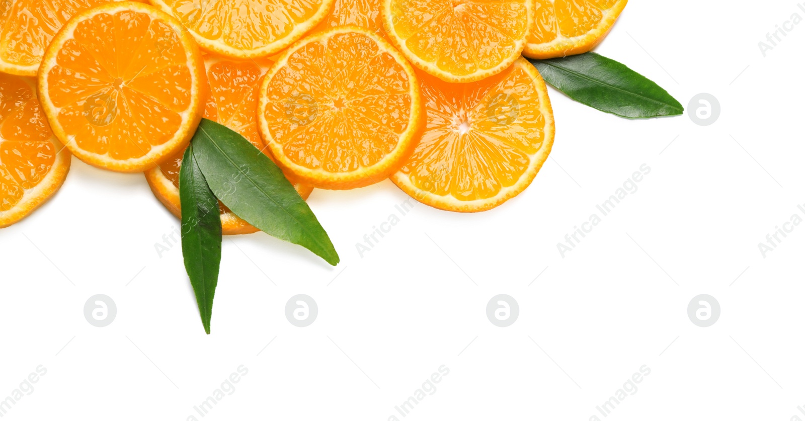 Photo of Composition with slices of fresh ripe tangerines and leaves on white background, top view. Citrus fruit