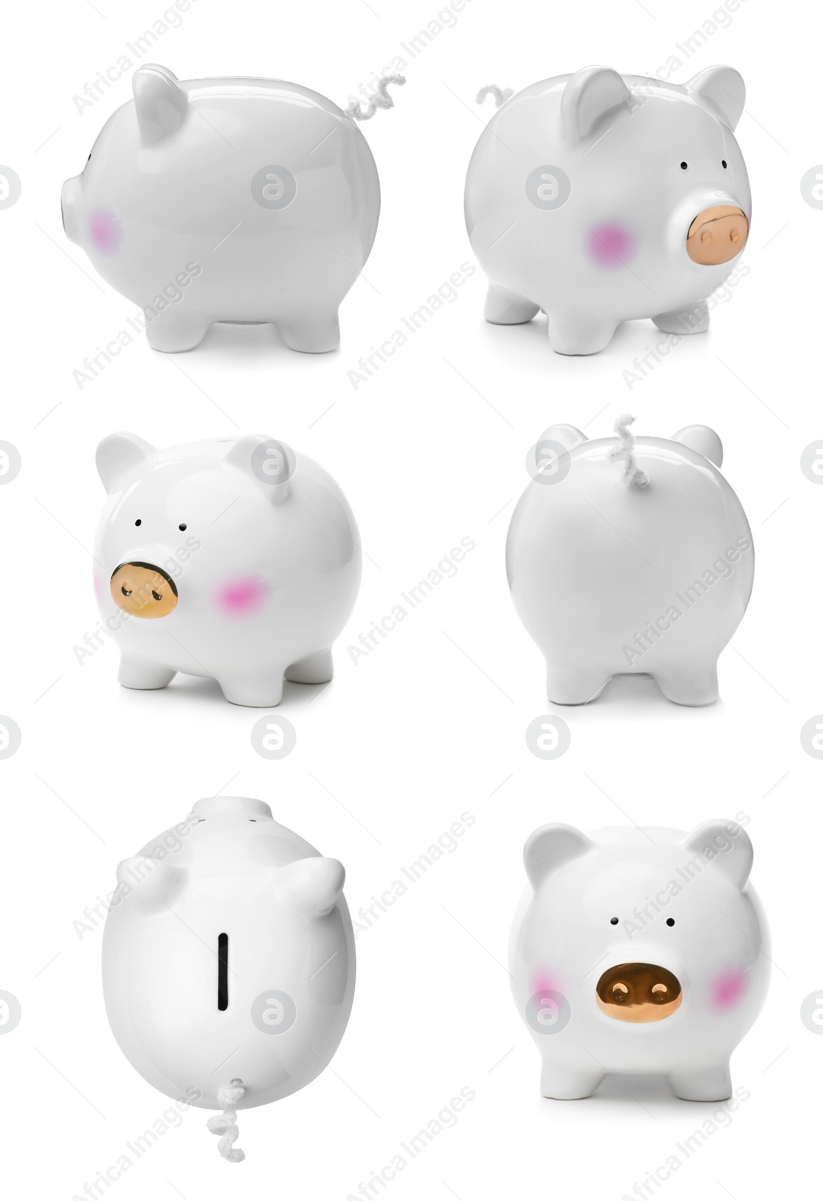 Image of Set with cute piggy banks on white background. Money saving