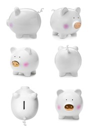 Image of Set with cute piggy banks on white background. Money saving