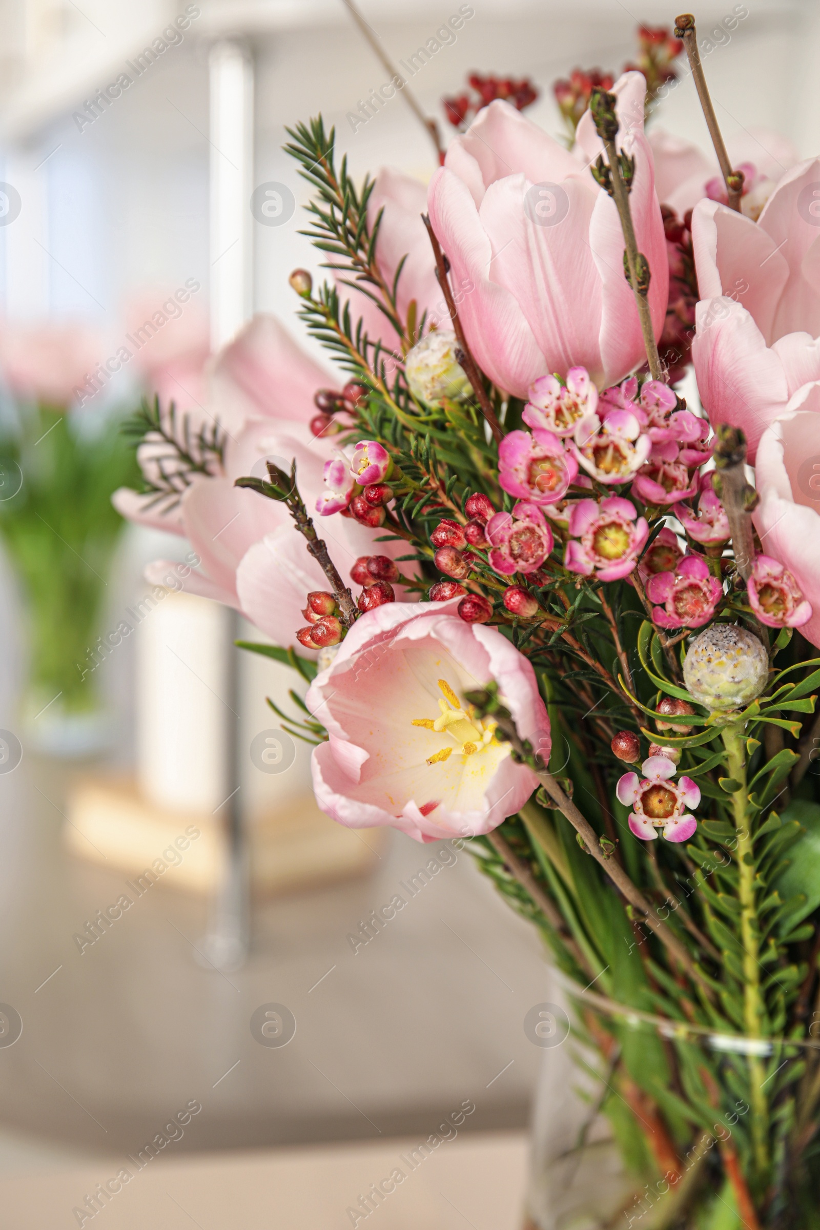 Photo of Beautiful bouquet with spring pink tulips, closeup