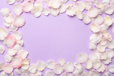 Frame of beautiful petals on lilac background, flat lay. Space for text