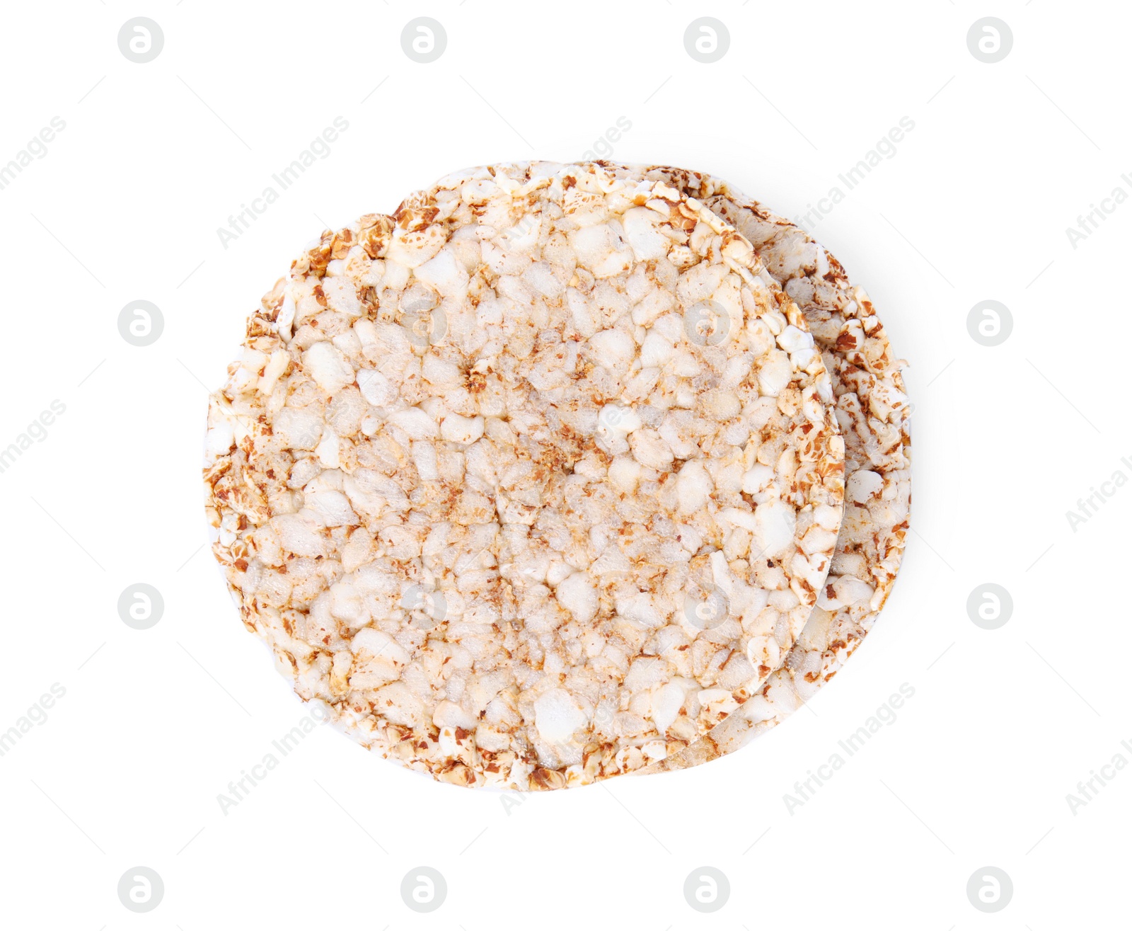 Photo of Crunchy rice cakes isolated on white, top view