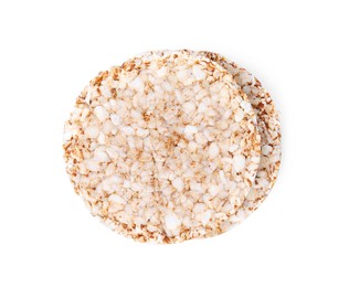 Photo of Crunchy rice cakes isolated on white, top view