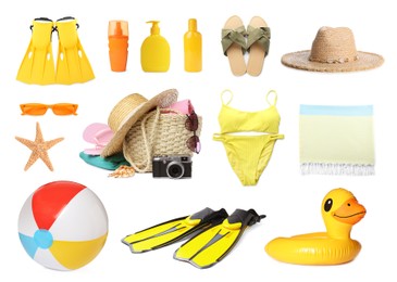 Image of Set with stylish beach bag and other accessories on white background