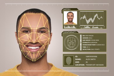 Facial recognition system. Man with digital biometric grid and personal data on grey background