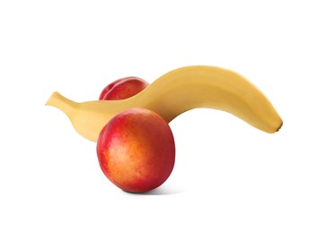 Image of Banana and nectarines symbolizing male sexual organs on white background. Potency problem