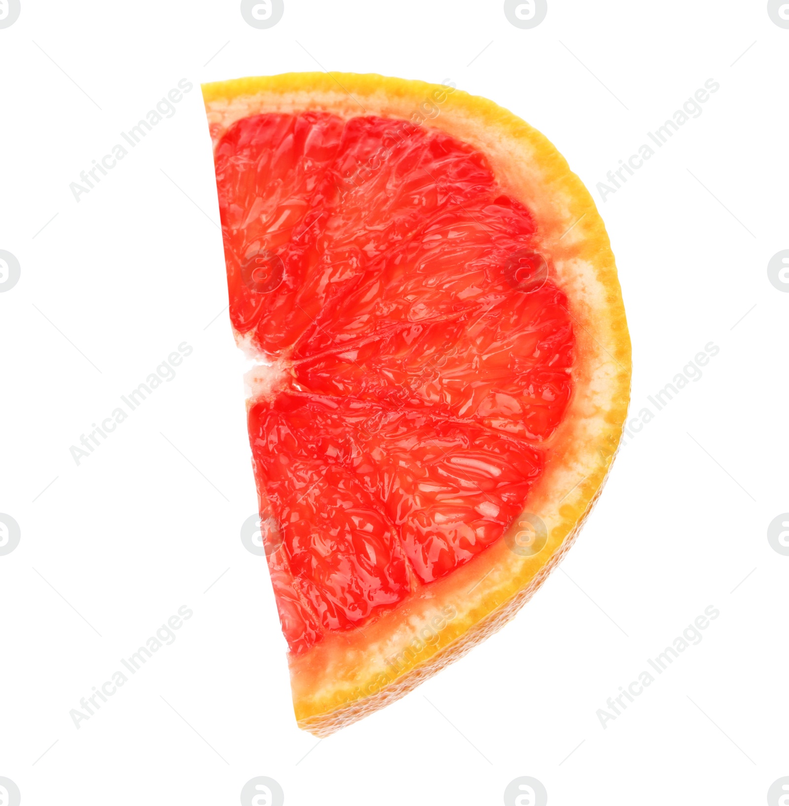 Photo of Slice of ripe juicy grapefruit on white background