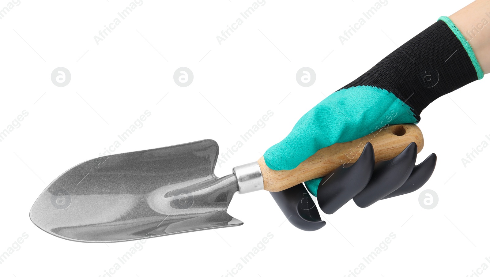 Photo of Woman in claw gardening glove holding trowel on white background, closeup