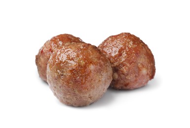 Three tasty cooked meatballs on white background