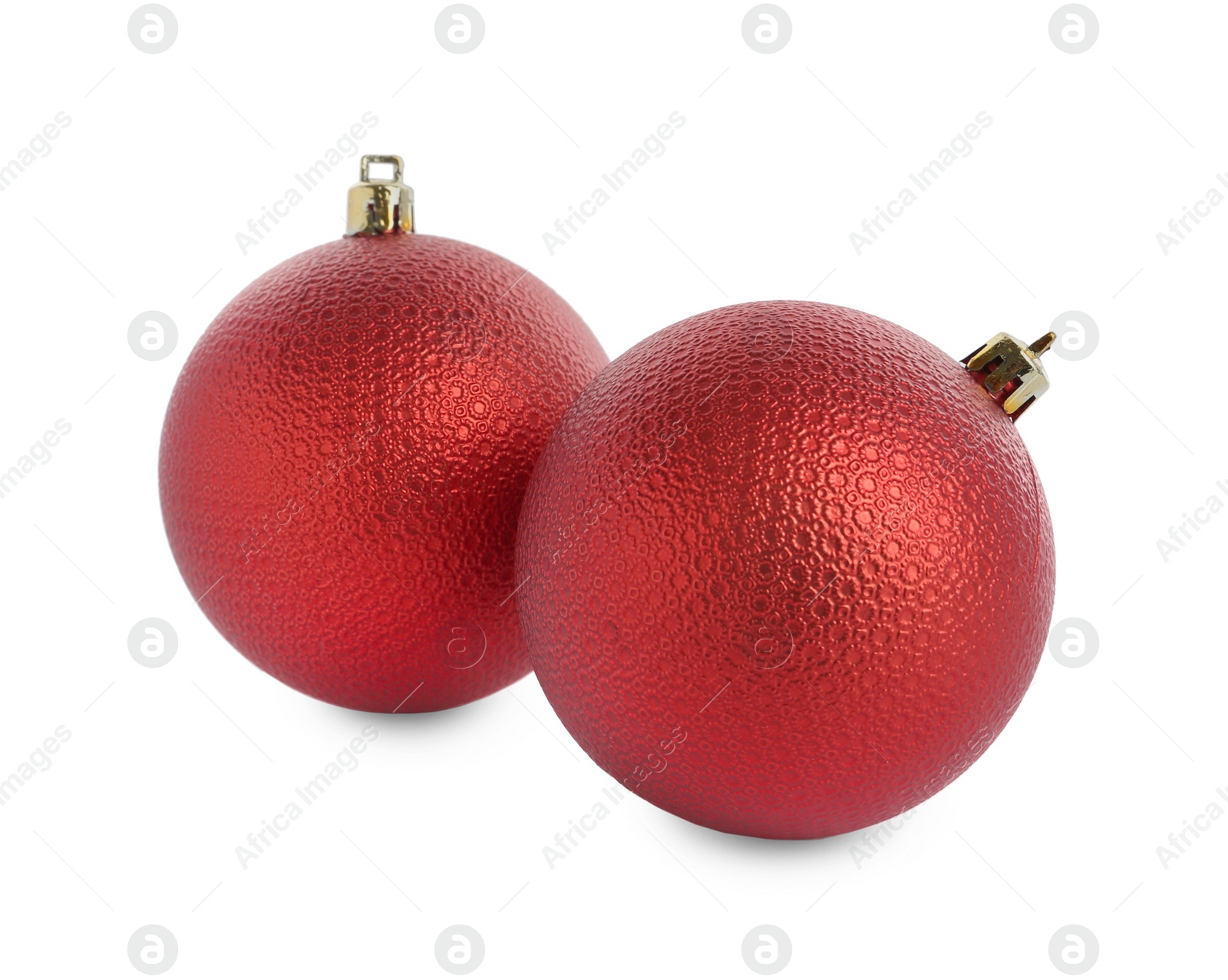 Photo of Beautiful red Christmas balls on white background