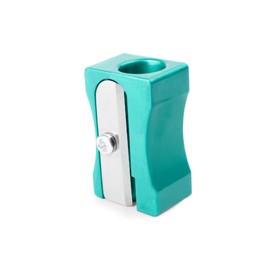 Photo of Plastic turquoise pencil sharpener isolated on white