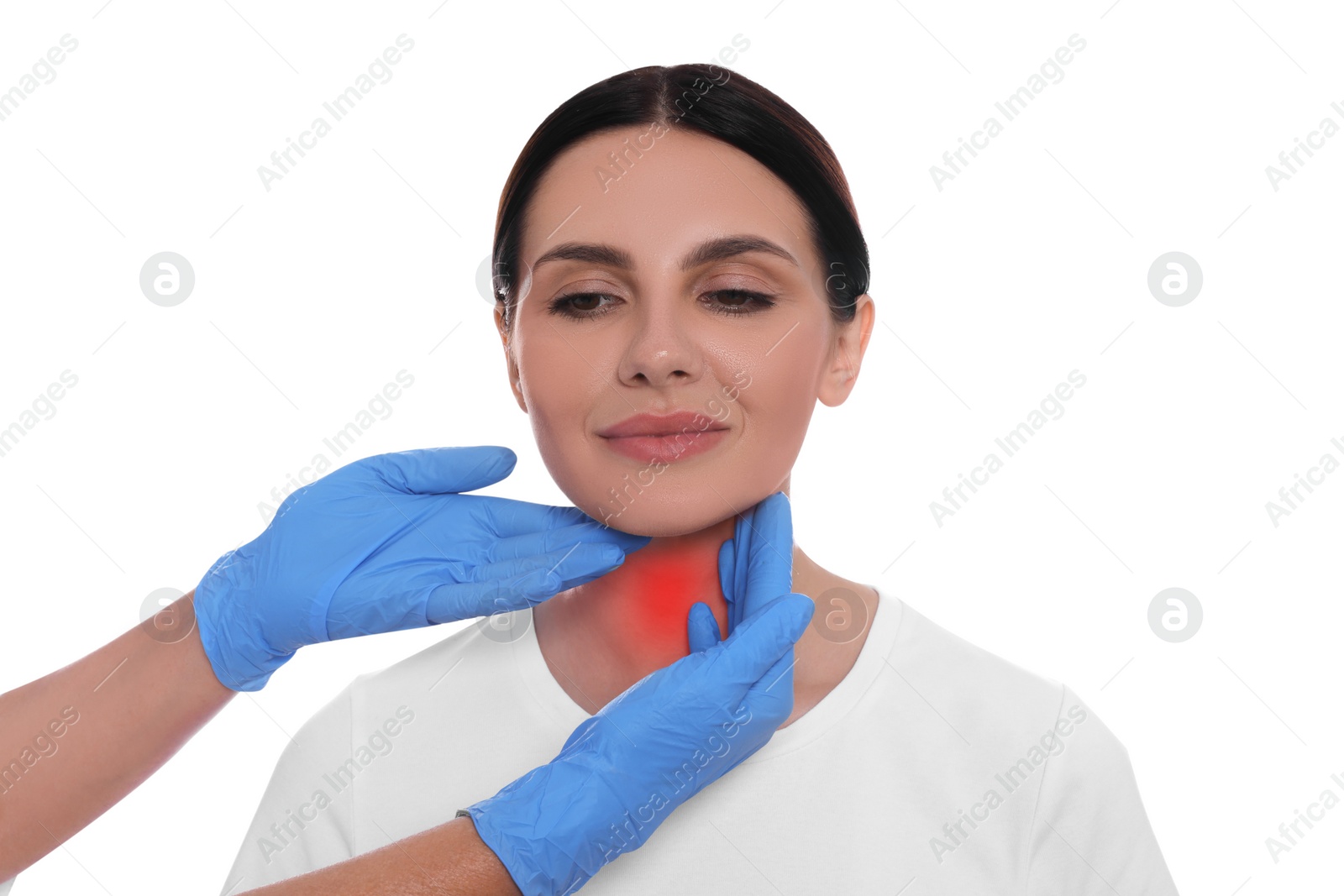 Image of Endocrinologist examining thyroid gland of patient on white background, closeup