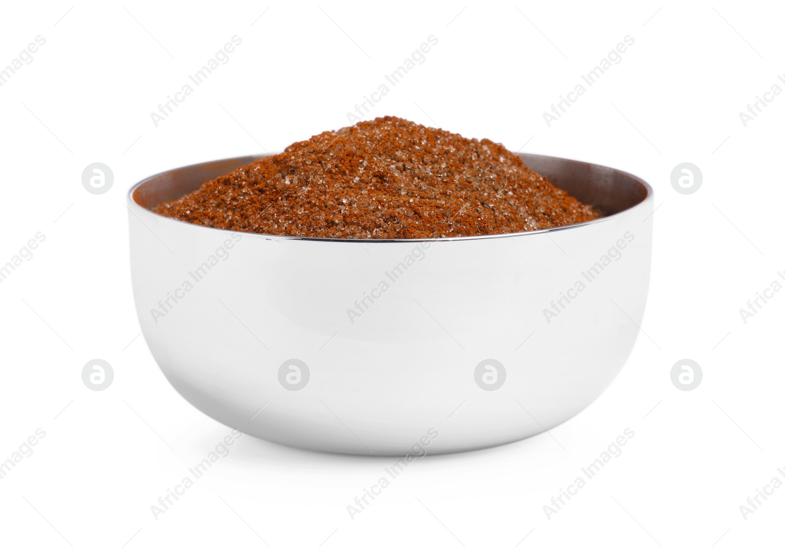 Photo of Bowl with brown food coloring isolated on white