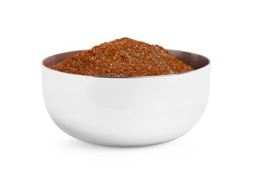 Photo of Bowl with brown food coloring isolated on white