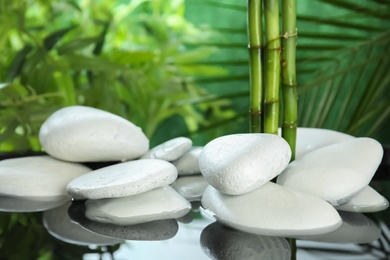 Photo of White zen stones in water on blurred background