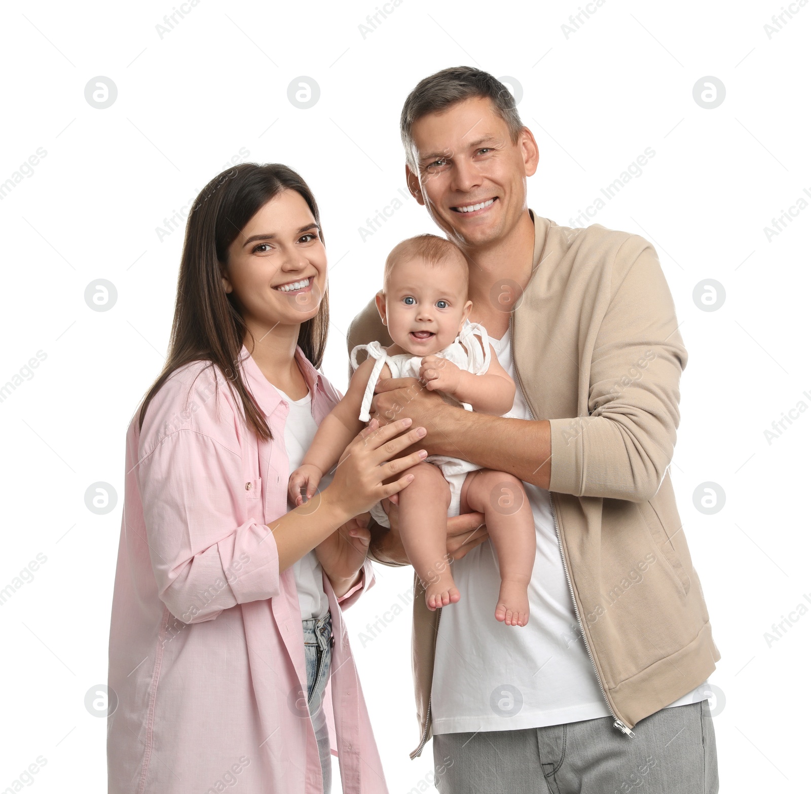 Photo of Portrait of happy family with their cute baby on white background