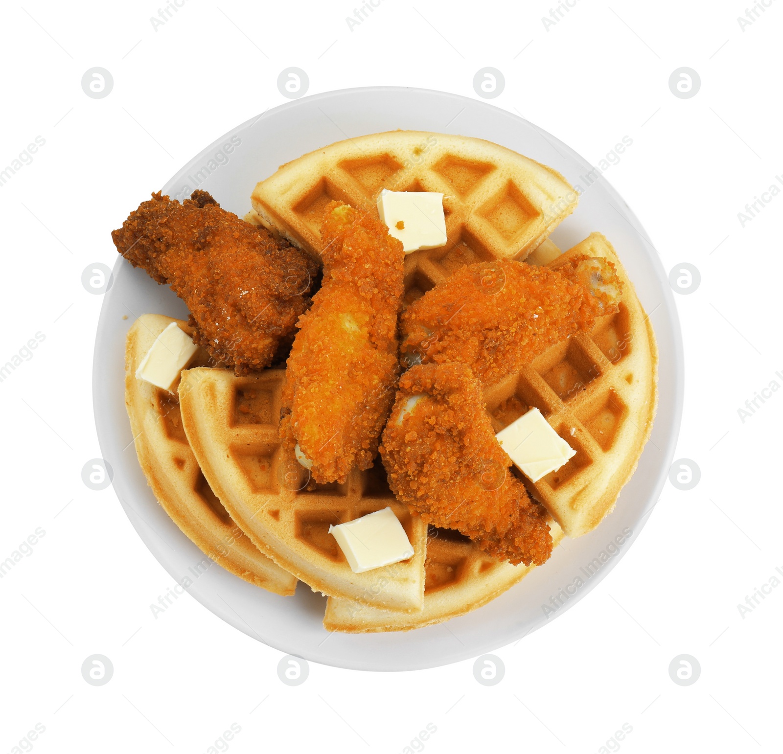 Photo of Delicious Belgium waffles with fried chicken and butter isolated on white, top view