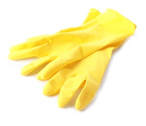 Photo of Clean rubber gloves for dish washing on white background