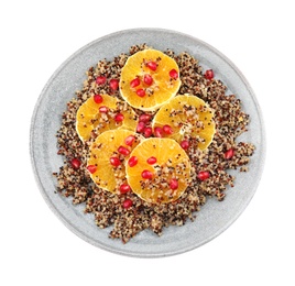 Photo of Plate of quinoa porridge with orange and pomegranate seeds on white background, top view