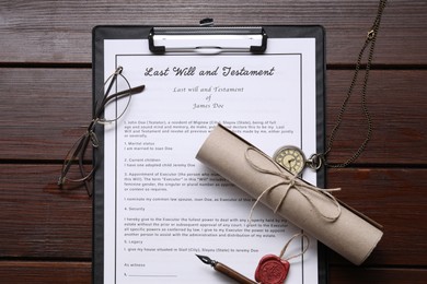 Last Will and Testament, scroll, glasses, pocket watch and pen on wooden table, flat lay