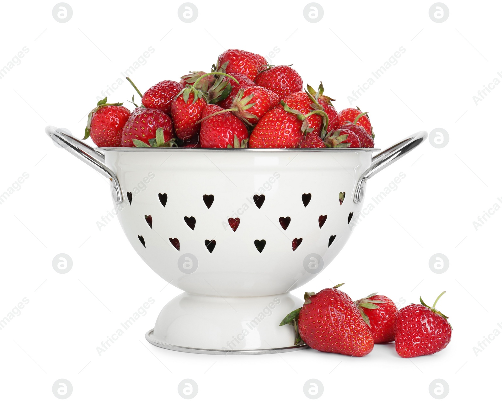 Photo of Colander with fresh strawberries isolated on white