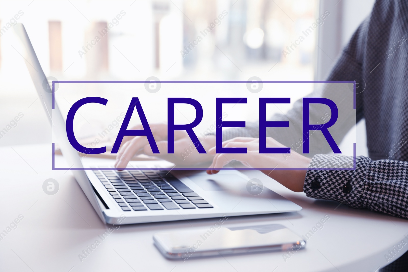 Image of Career opportunities. Woman working with laptop at table, closeup