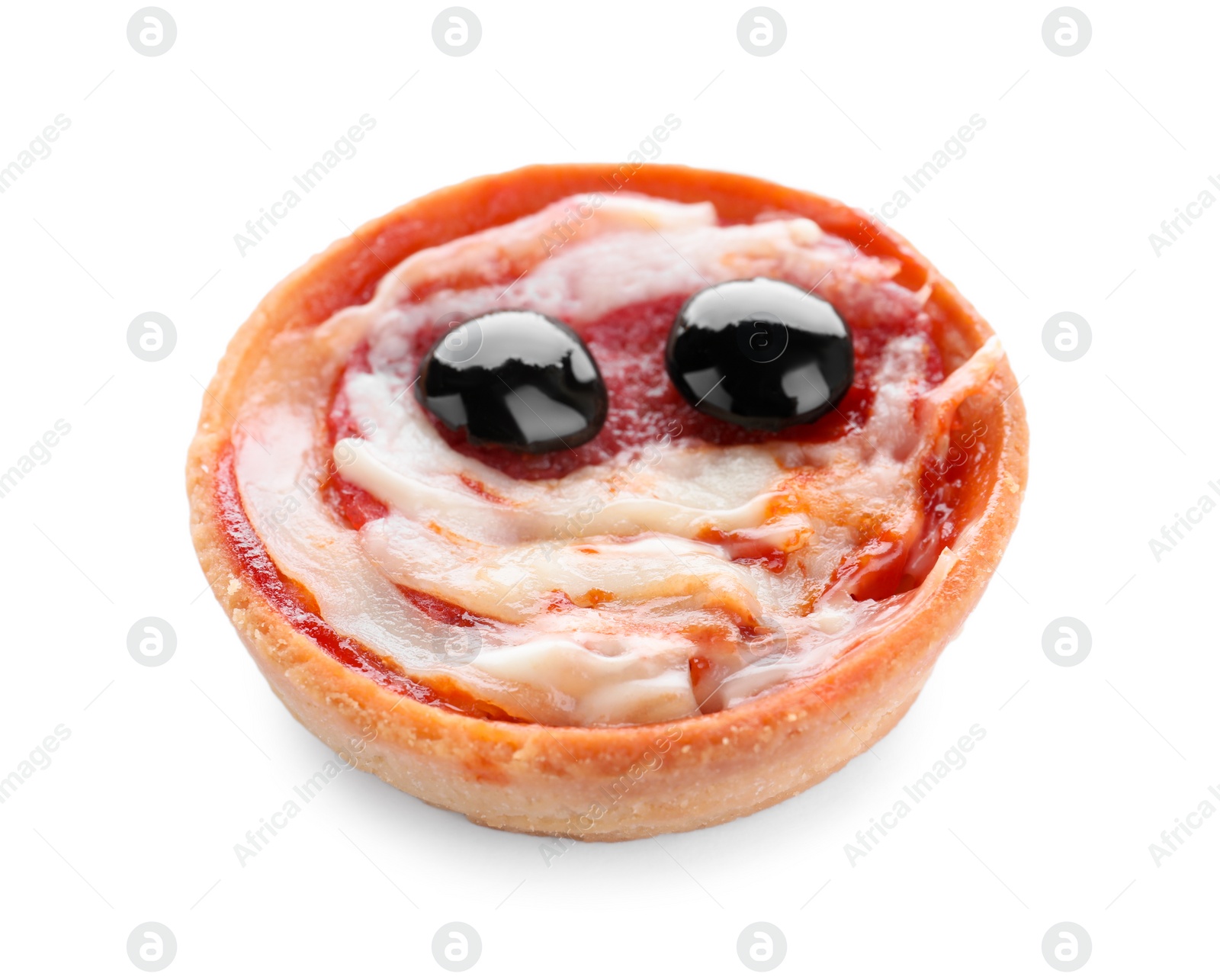 Photo of Cute monster tartlet on white background. Halloween party food
