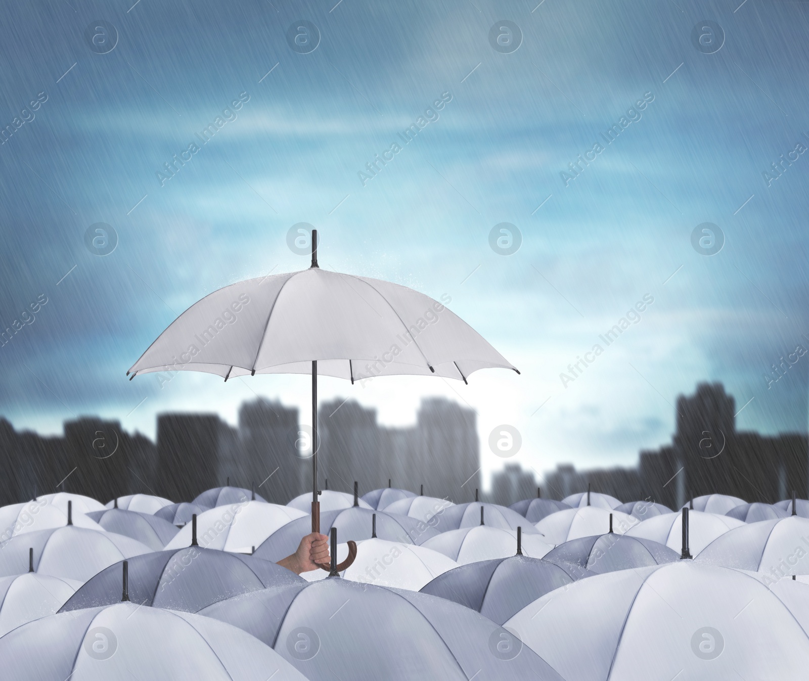 Image of Person holding umbrella over other under heavy rain outdoors 