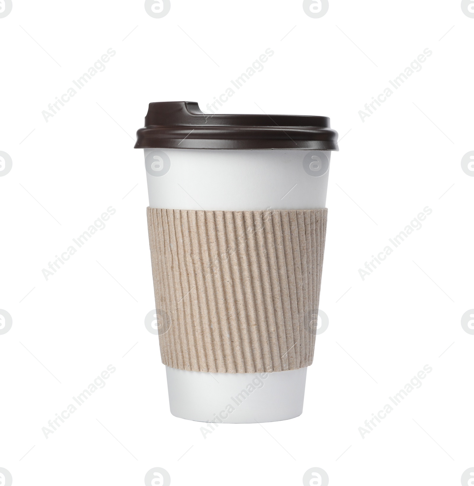 Photo of Takeaway paper coffee cup with cardboard sleeve isolated on white