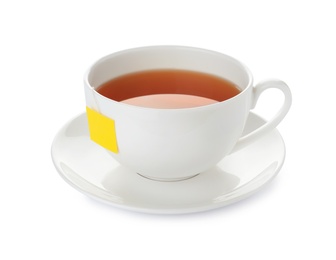 Photo of Cup of tasty tea on white background