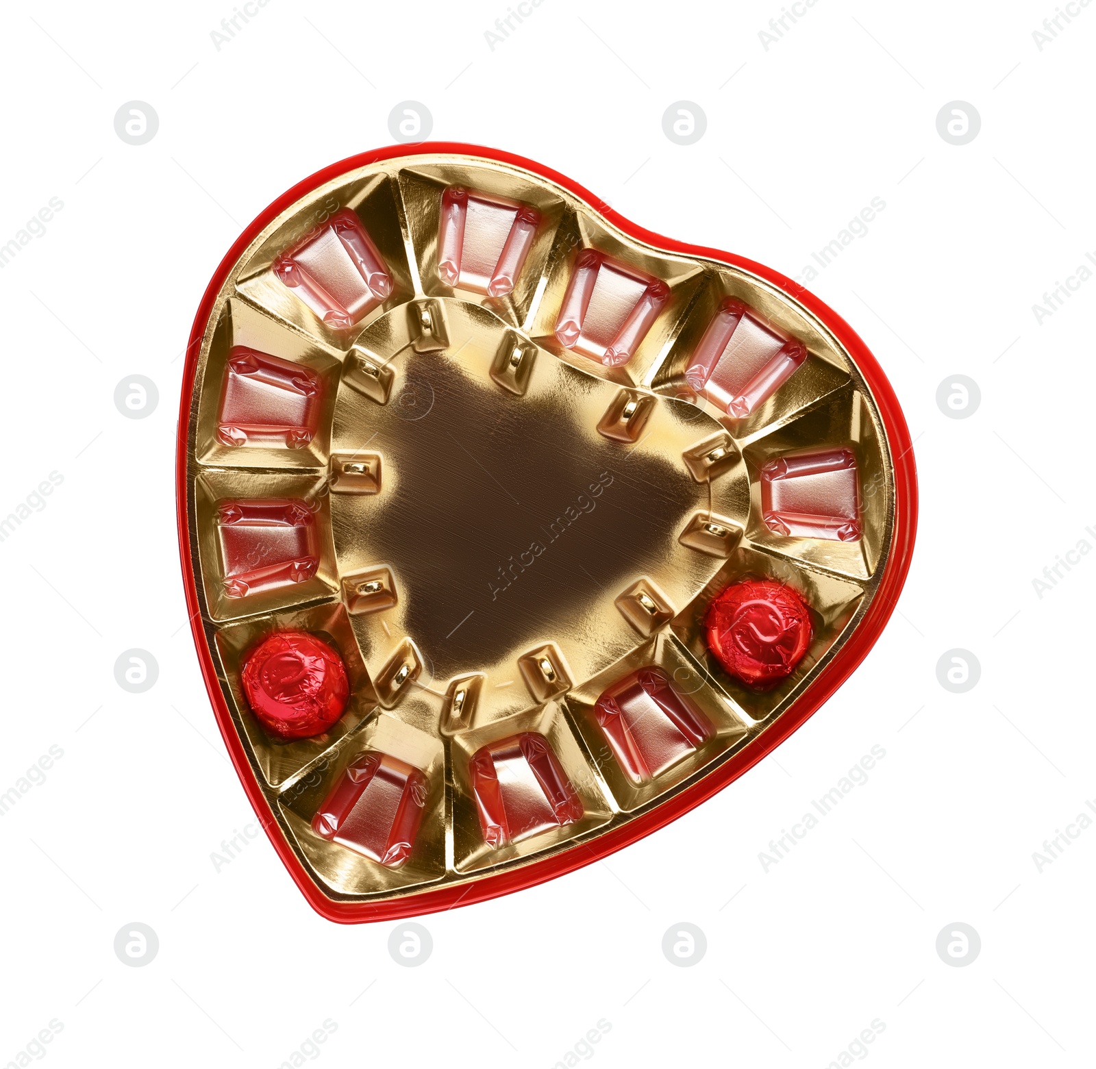 Photo of Partially empty box of chocolate candies isolated on white, top view