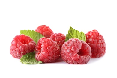 Photo of Delicious fresh ripe raspberries on white background