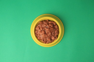 Photo of Wet pet food in feeding bowl on green background, top view