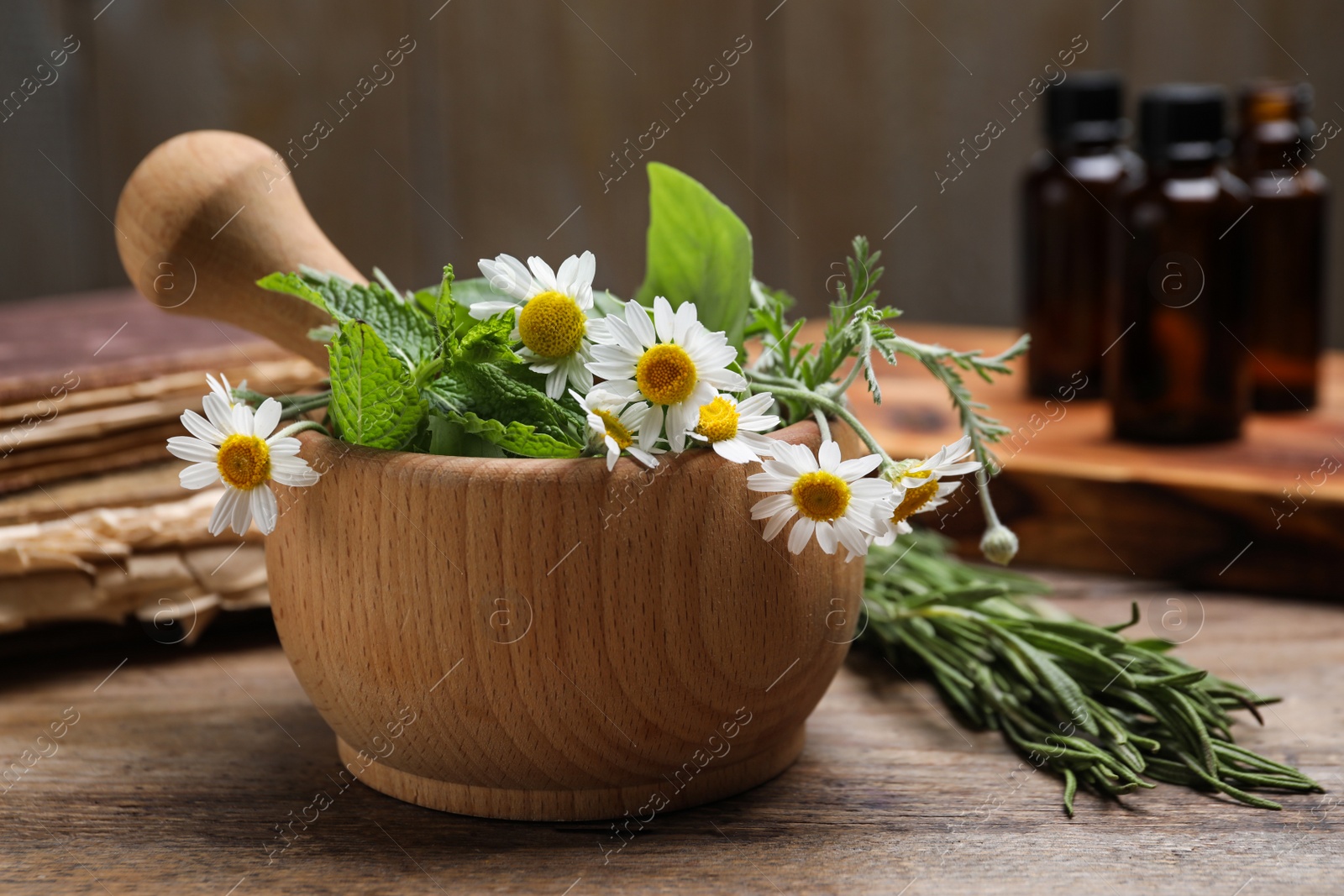 Photo of Mortar with chamomile flowers and fresh green mint on wooden table. Healing herbs