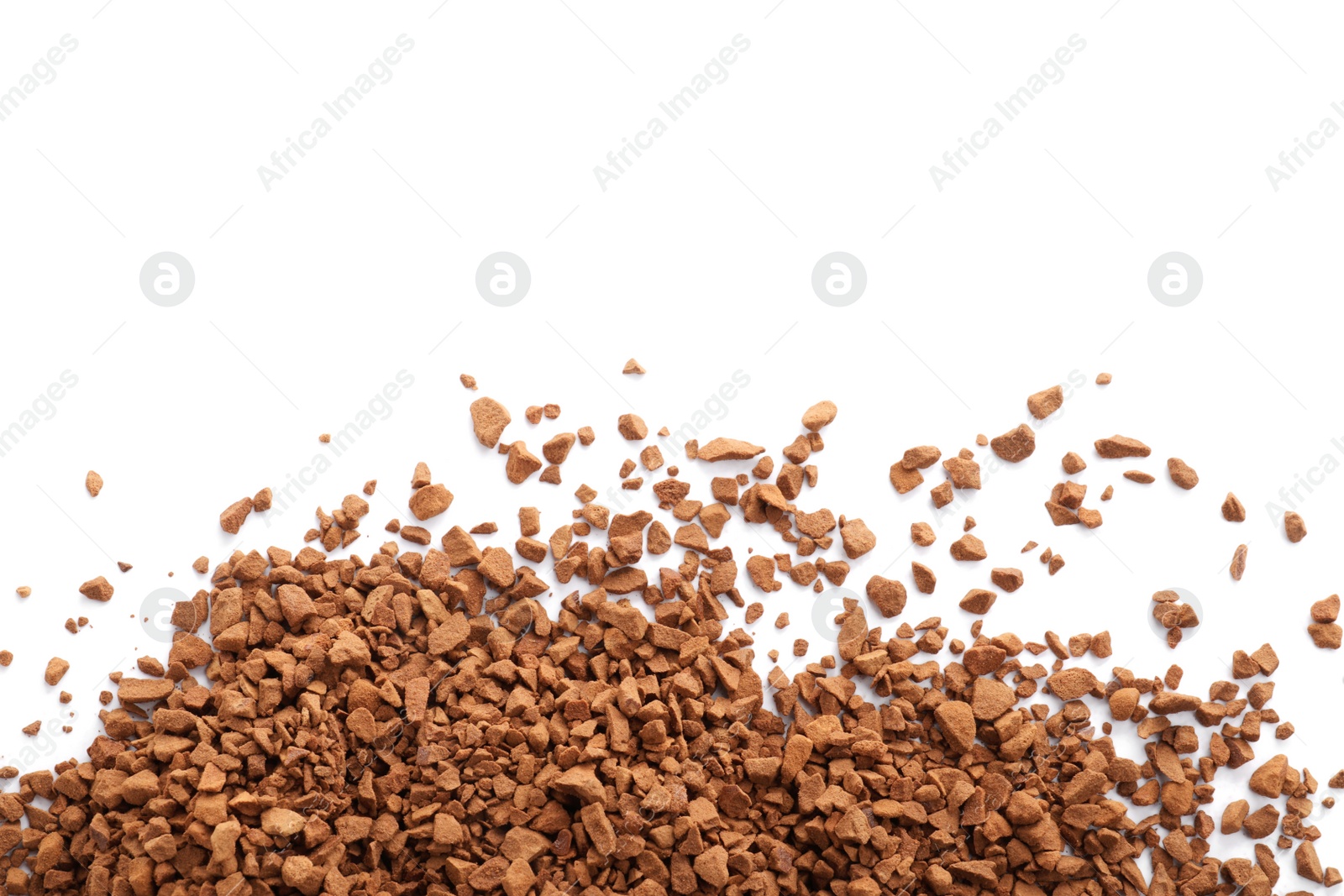 Photo of Heap of aromatic instant coffee isolated on white, top view