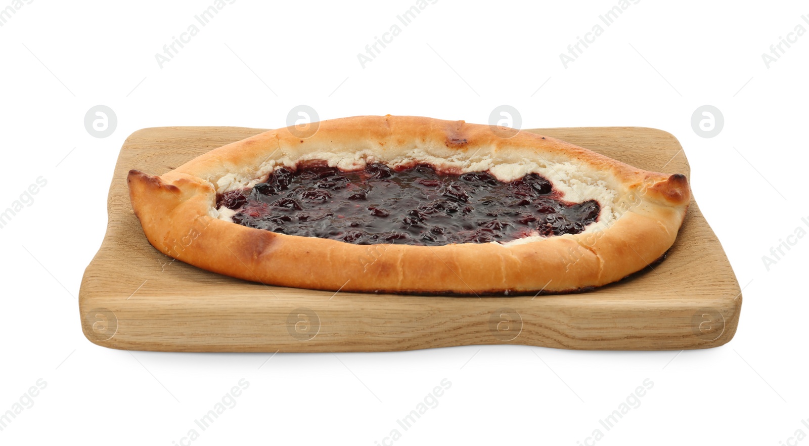 Photo of Delicious sweet cottage cheese pastry with cherry jam isolated on white